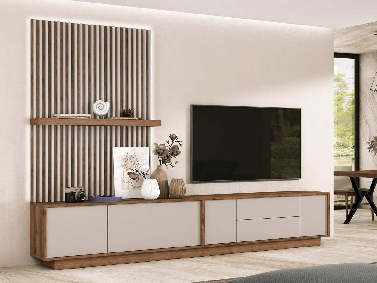 Moderno comedor con modulo bajo puerta izquierda y módulo bajo cajón con puerta más panel decorativo con listones y estante pared